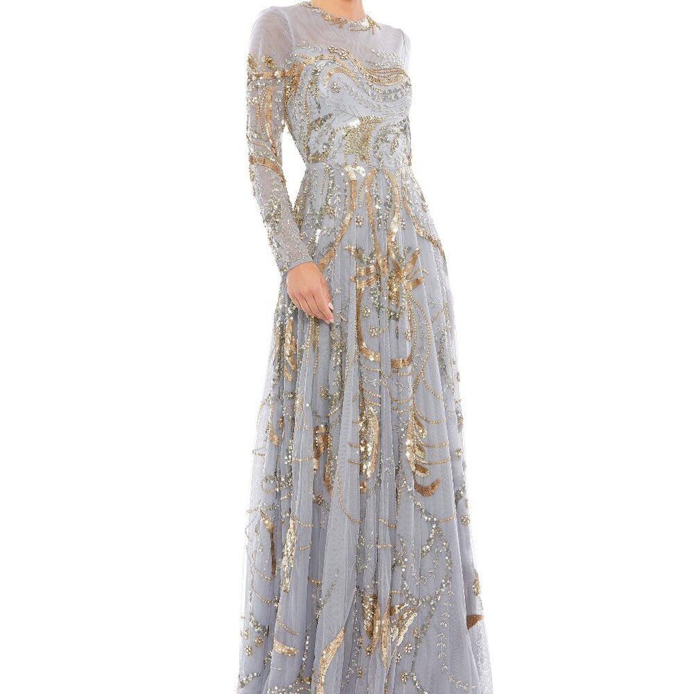 NWT Mac Duggal PLATINUM GOLD LONG SLEEVE EMBELLISHED ILLUSION GOWN… - Picture 7 of 12